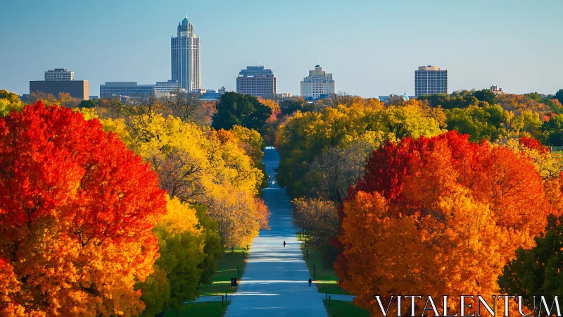 Urban skyline framed by vivid autumn foliage and avenue.