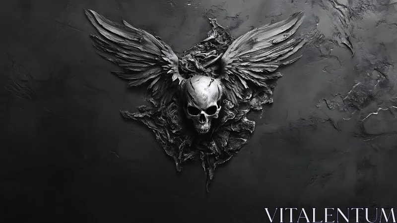Winged metallic skull relief on dark textured wall.