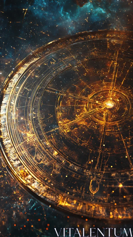 Digital painting of a luminous celestial chronometer disc.