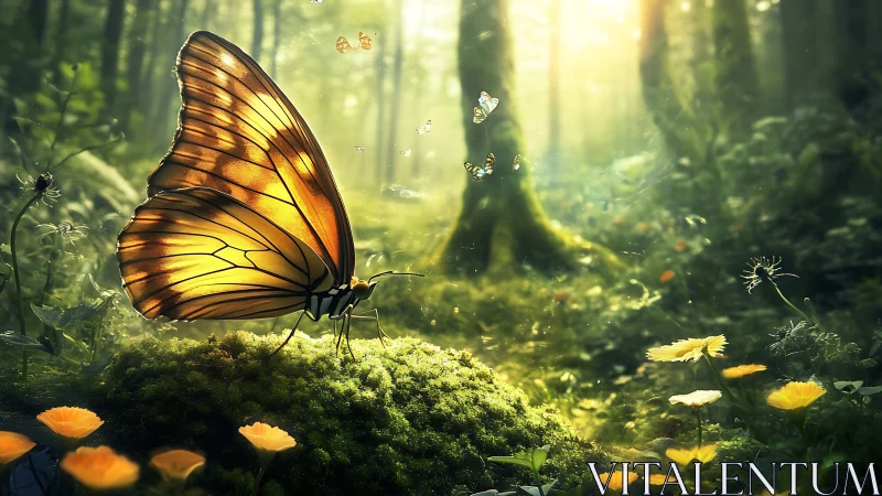 Golden forest butterfly glows in enchanted woodland light.