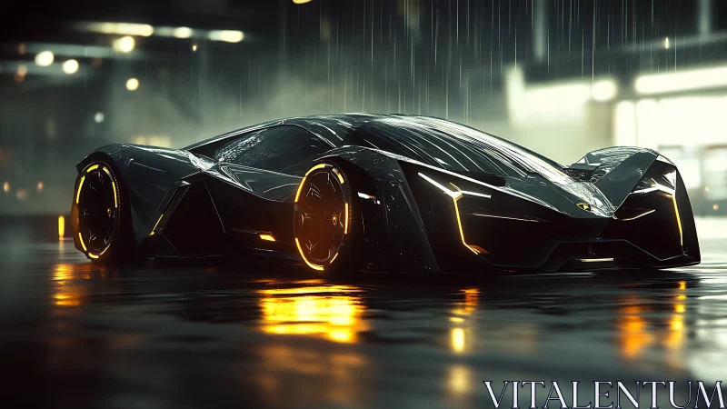 Futuristic black sports car is rendered in wet night scene