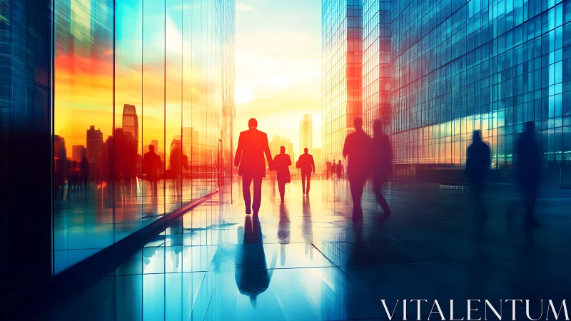 Corporate Silhouettes Dancing Through Sunset's Glass Reflection.