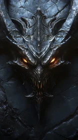 Demonic steel skull with burning eyes on cracked stone wall.