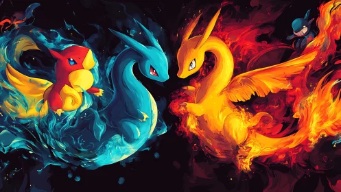 Twin elemental dragons whirlstorm through neon fire and tide