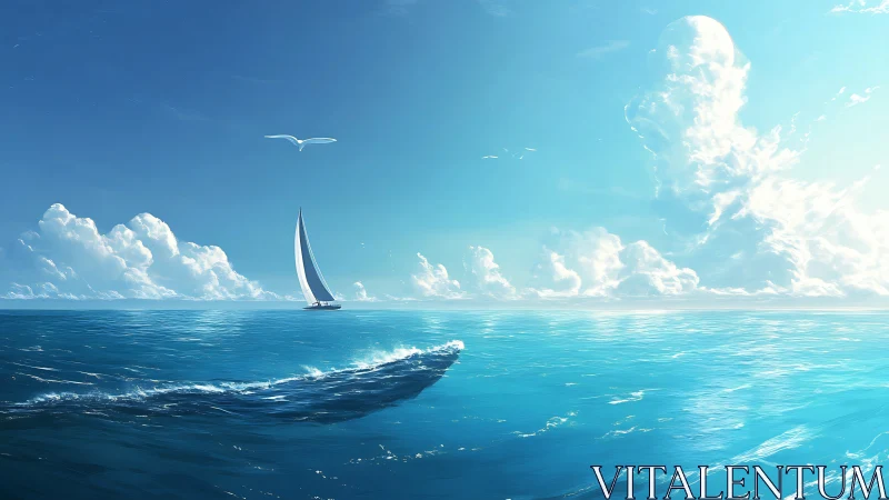 Digital seascape with yacht, soaring bird and sculpted clouds.