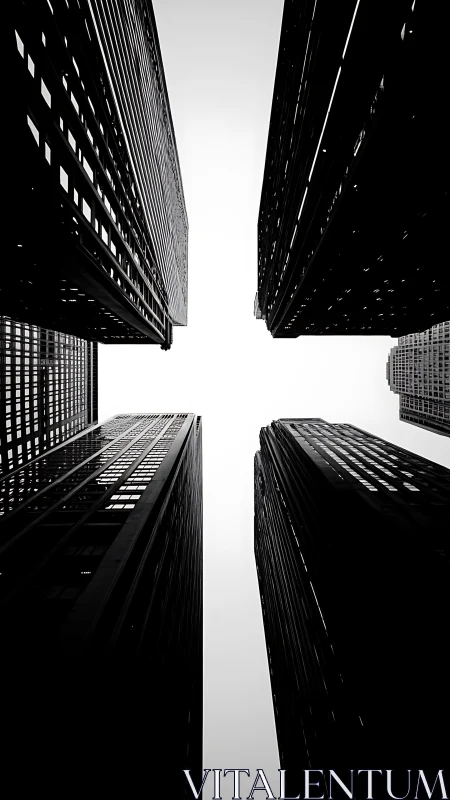 Urban high-rise towers frame a vertical view of overcast sky