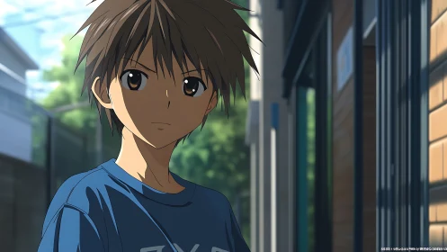 Animated boy stands in shaded urban alleyway setting