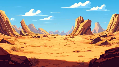 Rocky desert basin under clear blue sky with distant mesas.