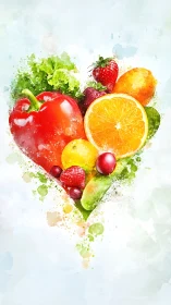 Heart-shaped burst of fresh fruits and vegetables celebrates health.