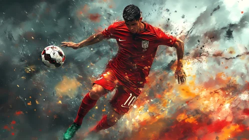Digital painting shows footballer in red kit controlling ball
