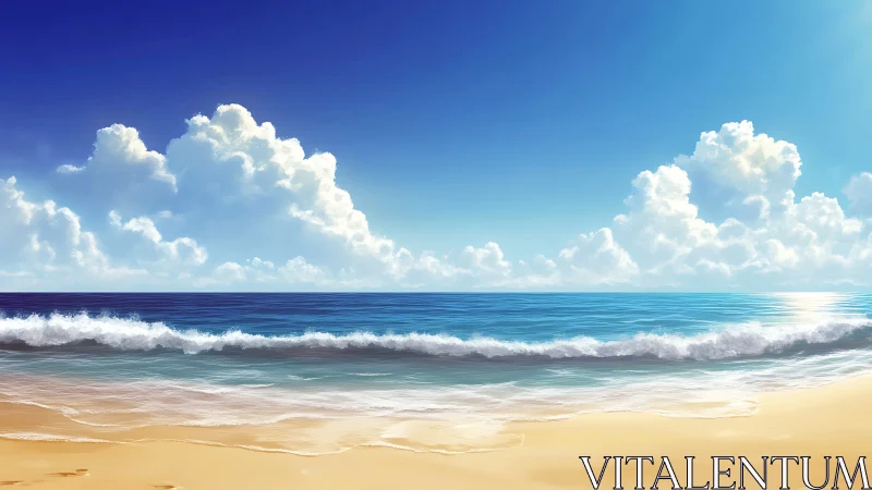 Sunlit ocean waves roll gently onto a soft sandy shore