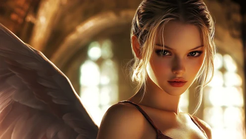 Cinematic angelic portrait with luminous cathedral backlight.