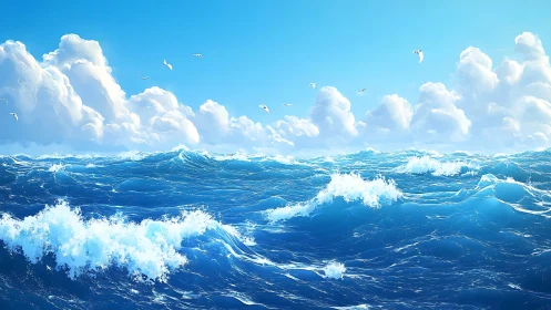 Rolling sapphire waves under towering sunlit clouds.