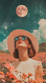 Woman in floral field under large moonlit night sky.