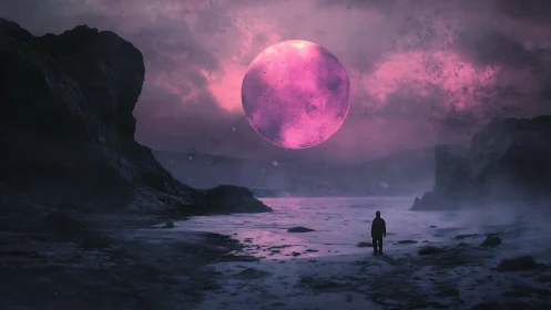 Solitary figure observes luminous magenta moon over alien shore
