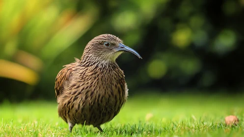 Brown streaked bird on green grass, nature photography style.
