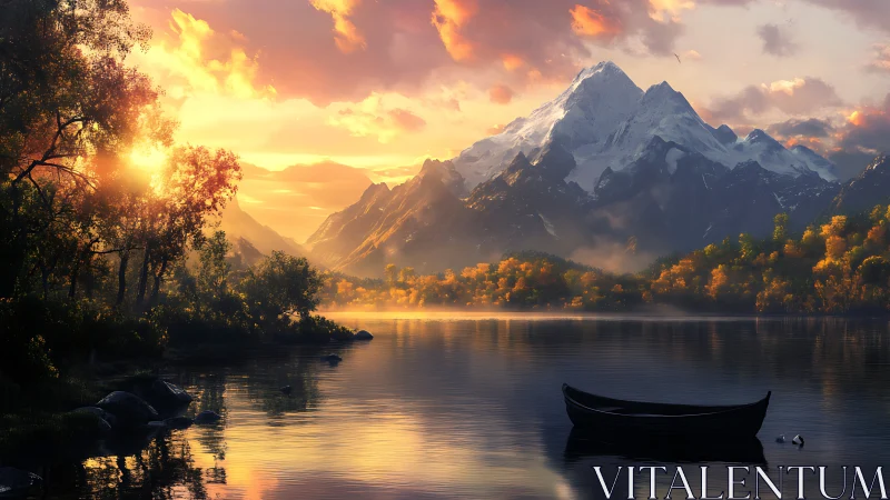 Mountain lake at sunset with boat and autumn forest.