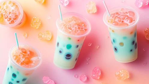 Pastel bubble tea lineup sparkling with playful sweetness.