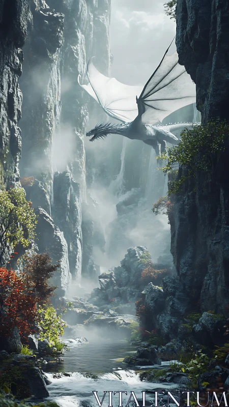 Gentle dragon gliding through a misty canyon sanctuary.
