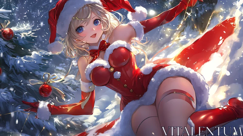 Snowlit anime Santa girl twirls through sparkling yuletide magic.