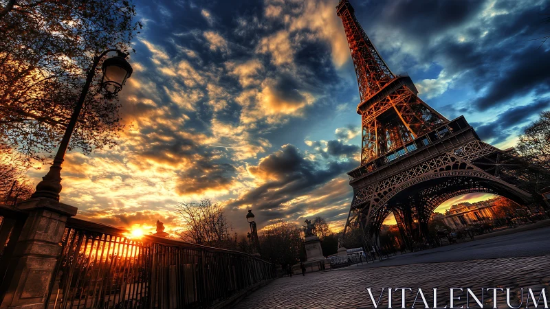 Parisian iron giant leans into a storm of painted sunset clouds.