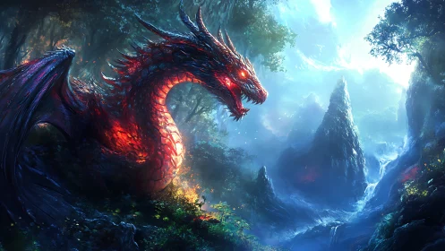 Luminous crimson dragon in bioluminescent forest ravine panorama.