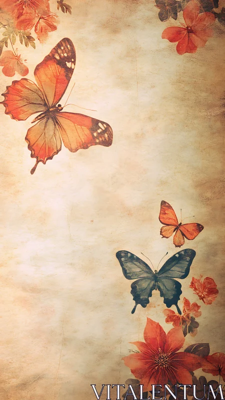 Butterflies and orange flowers on vintage textured background.