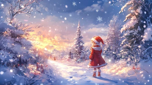 Backlit winter landscape frames solitary child in red coat at dusk