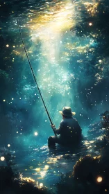Solitary fisherman waits under luminous forest river light