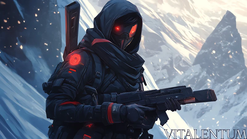 Hooded cyber soldier with rifle in frozen mountain pass.