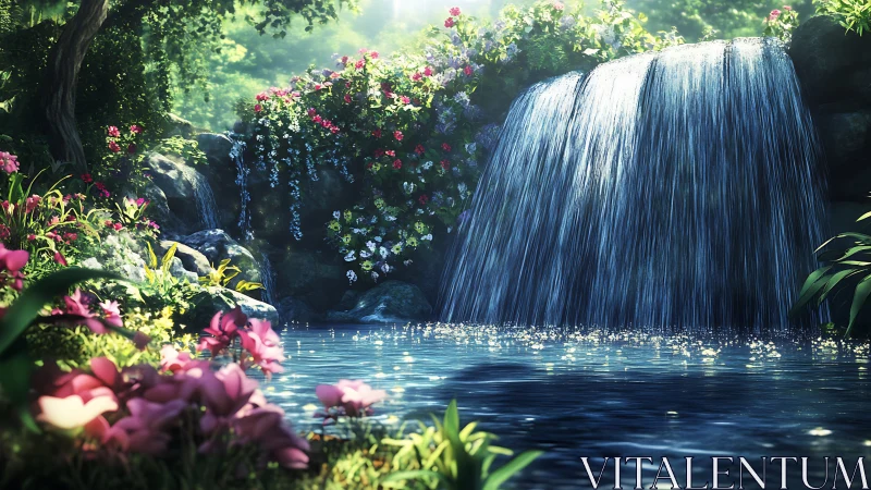 Lush floral waterfall cascades into reflective forest pool