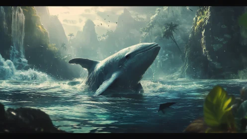Giant whale breaches in cinematic tropical cove environment