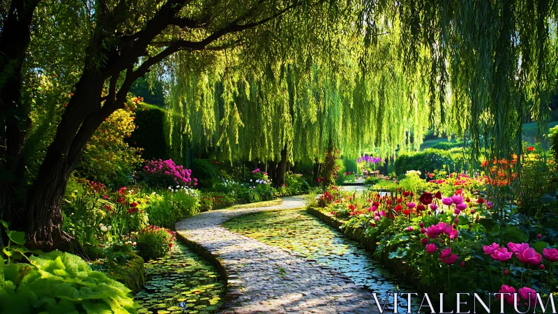 Lush garden path under willow trees with vivid flowers.