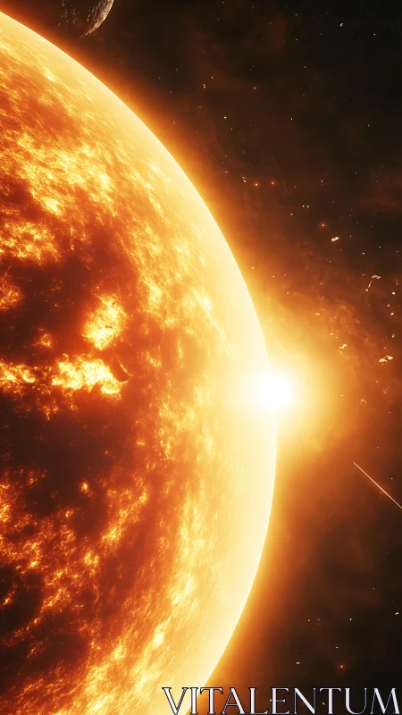 Stellar corona close-up with solar flare arcs and orbiting debris