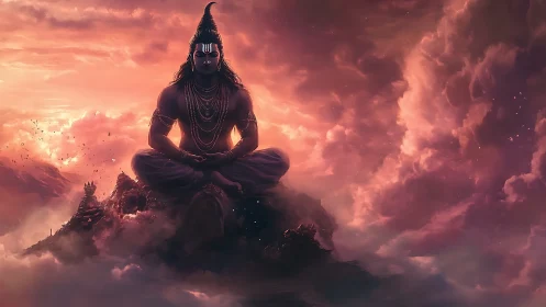 Meditating deity figure sits above mountains in glowing clouds
