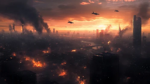 Urban skyline under bombardment at sunset with fires.