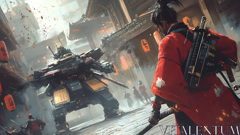 Samurai combatant confronting armored mech in alleyway scene.