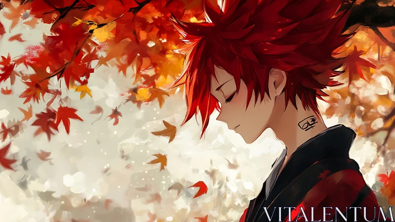 Red-haired anime figure amid swirling autumn foliage.