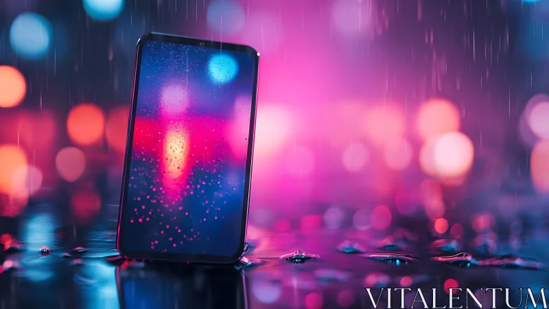 Neon rain-soaked smartphone in cyberpunk reflective tableau.