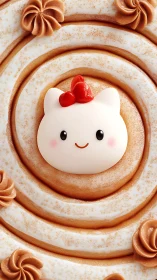 Decorative white cat face on layered circular pastry background.