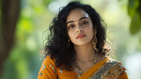 Elegant woman in yellow saree with curly hair, soft natural light.