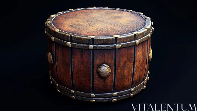 Cylindrical wooden drum asset with riveted trim detailing.