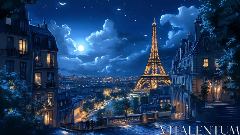 Moonlit Eiffel Tower glows above romantic Parisian rooftops