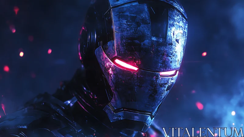 Futuristic battle-worn robot gazes ahead with neon resolve