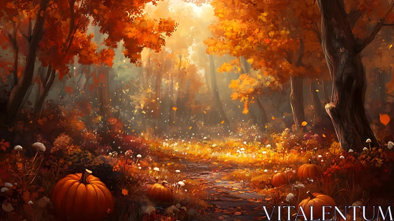 Autumn Forest Pathway with Pumpkins and Falling Leaves