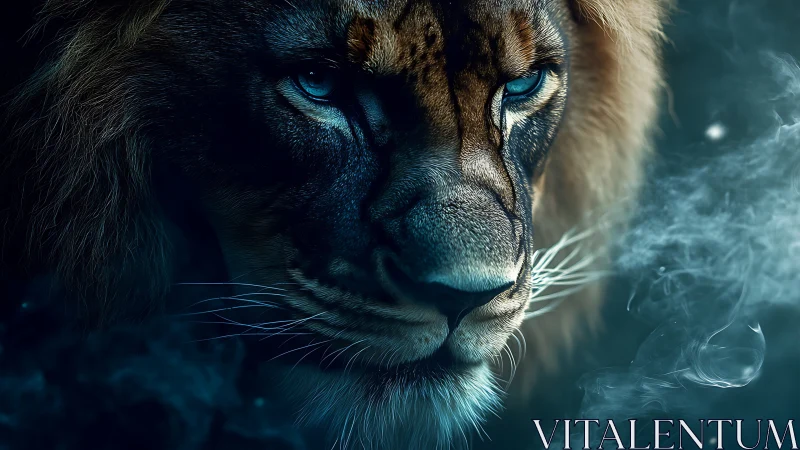 Midnight lion forges a storm of ice-blue gaze and smoke