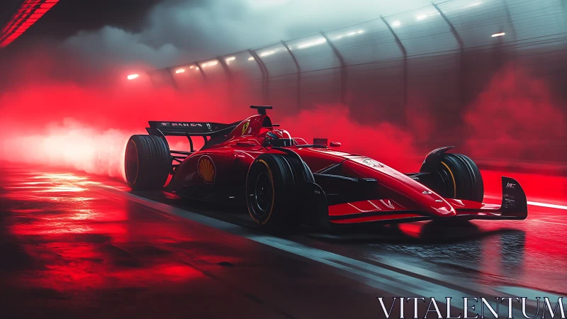 Red formula race car accelerates through neon tunnel haze