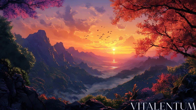 Sunset illuminates layered mountain valley with distant river