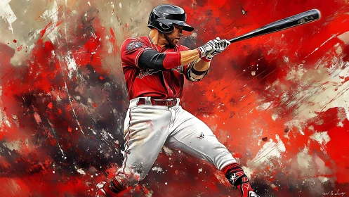 Dynamic baseball batter swinging against red abstract field.