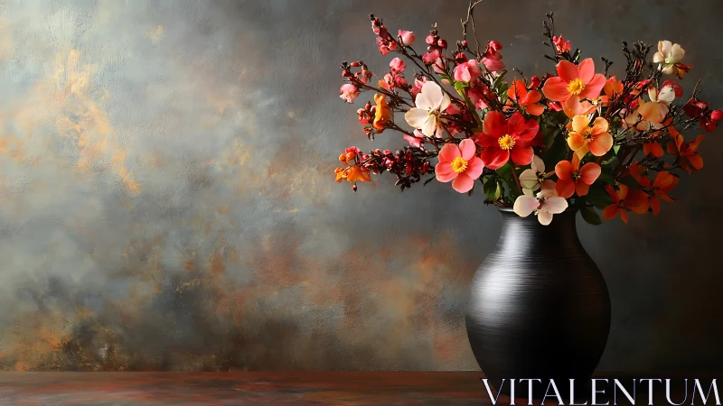 Still Life Arrangement with Vibrant Floral Composition in Metallic Vessel.